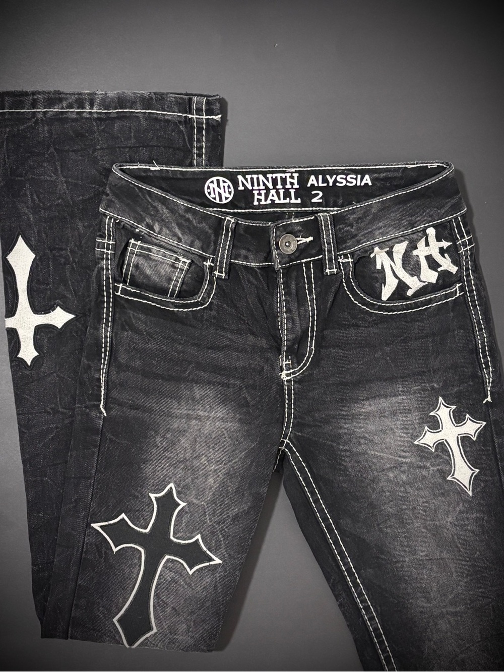 Ninth Hall Alyssia Cross Black Wash Mid Rise Bootcut Jeans